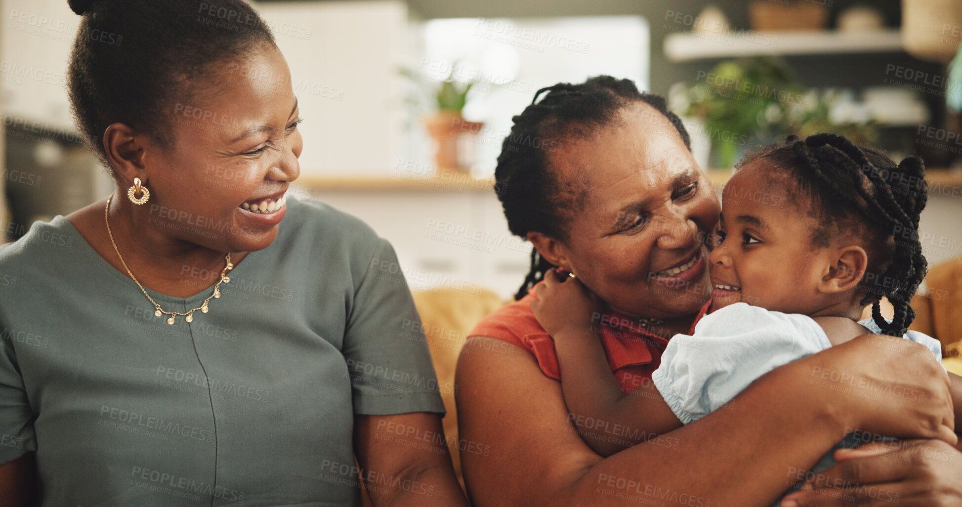 Buy stock photo Smile, relax and black child with mother and grandmother in home for womens day celebration together. Fun, bonding and African female generations hugging for connection in living room at family house