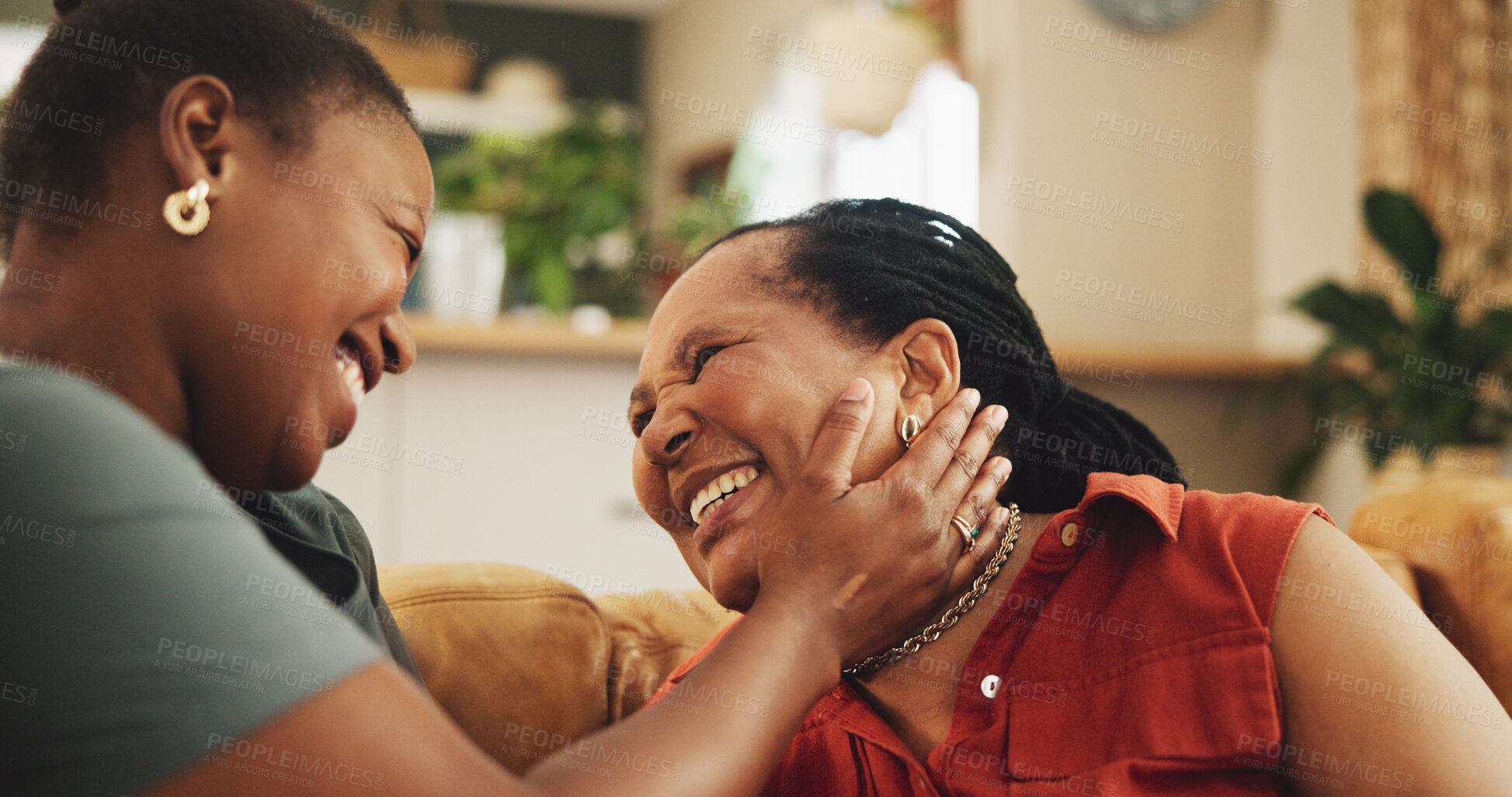 Buy stock photo Black family, support and women on sofa for hug, love and affection in living room. Senior mother, daughter and embrace at home for care, surprise visit and reunion on couch with happiness and trust