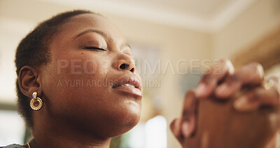 Buy stock photo Praying, religion and black woman in home for worship, praise and hope for spirituality. Belief, faith and African female person with prayer for healing, gratitude or peace with guidance at house.