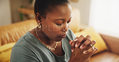 Buy stock photo Praying, praise and black woman in home for worship, faith and hope for spirituality. Belief, religion and African female person with prayer for healing, gratitude or peace with guidance at house.