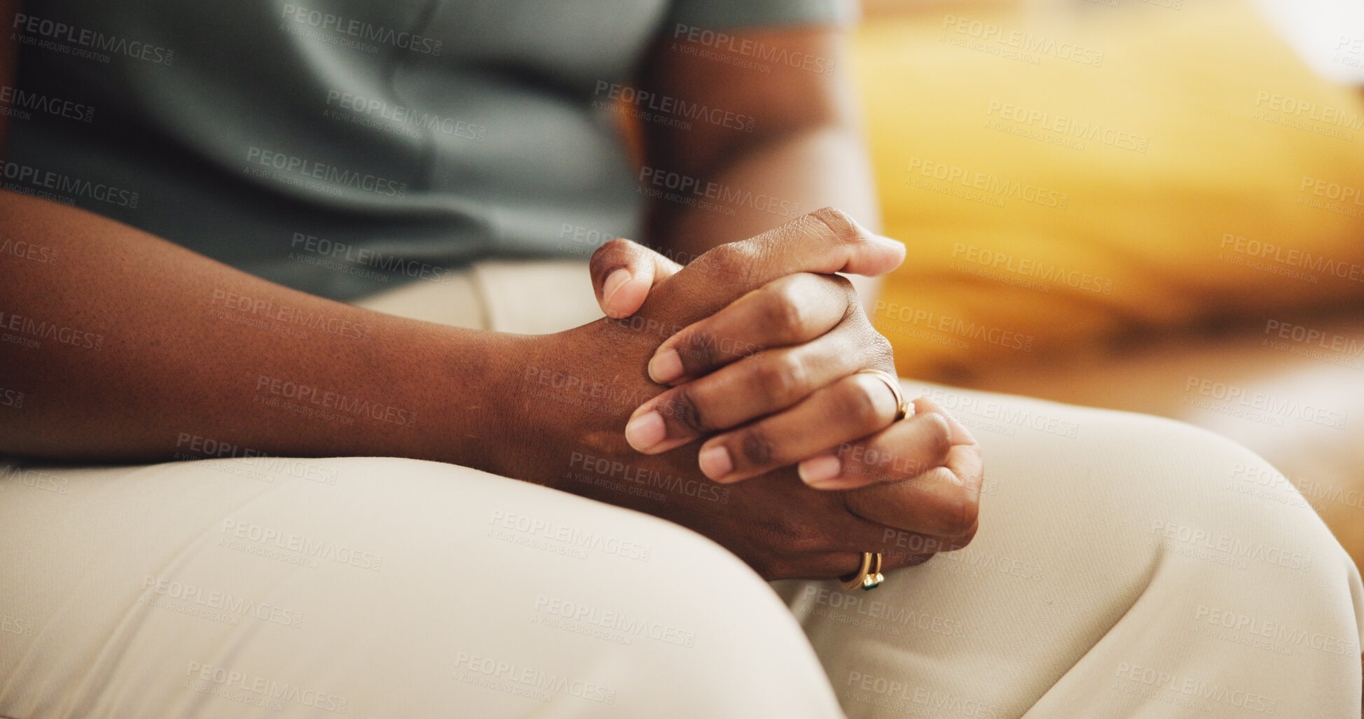 Buy stock photo Hands, anxiety and woman on sofa in home with stress, worry and scared for toxic relationship. Mental health, nervous and closeup of female person with fear for domestic abuse in living room at house