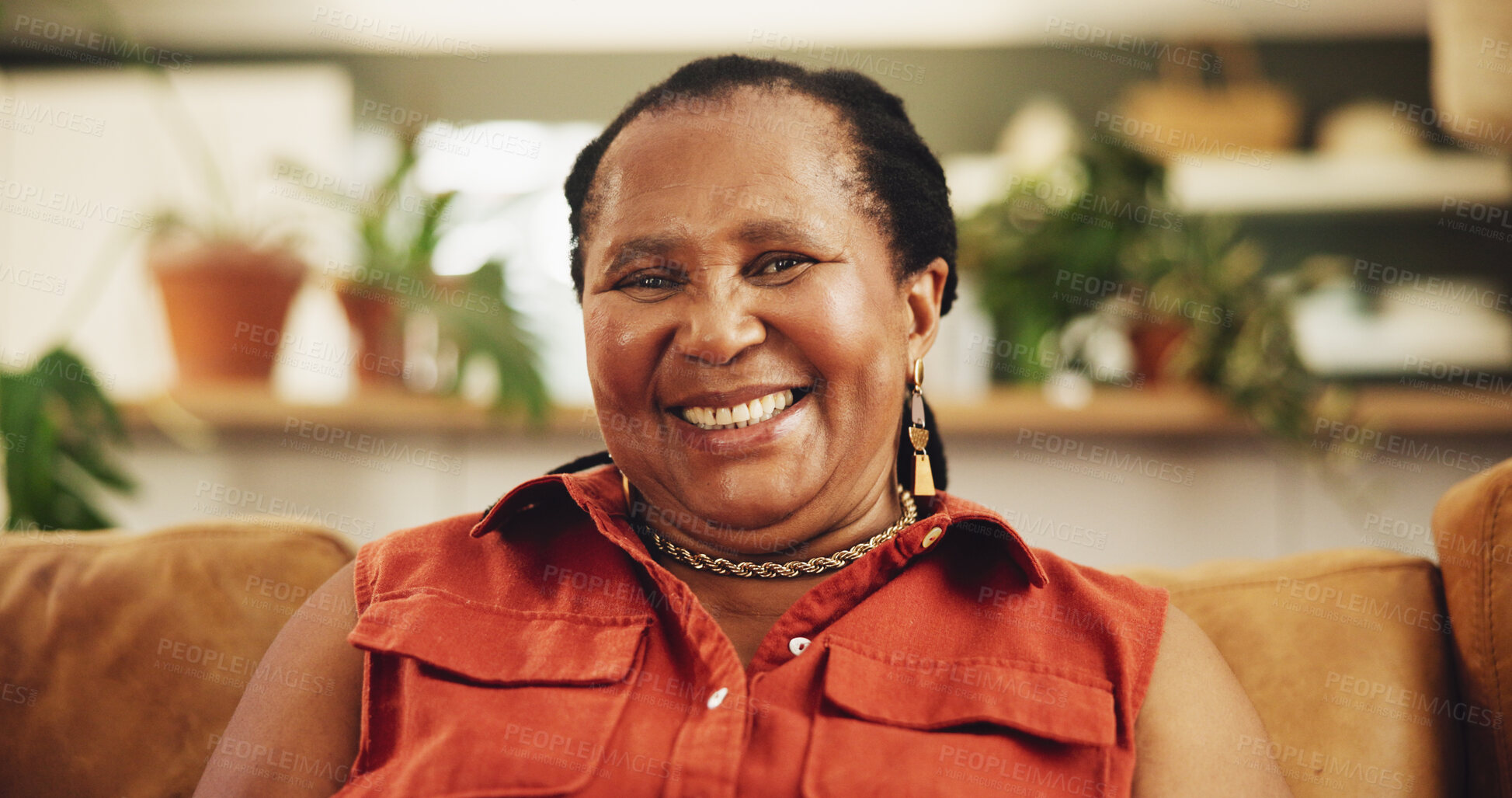 Buy stock photo Happy, senior and black woman with portrait on sofa for relax in home for retirement, wellness and comfort. Elderly female person, smile and lounge in living room of house with peace on pension.