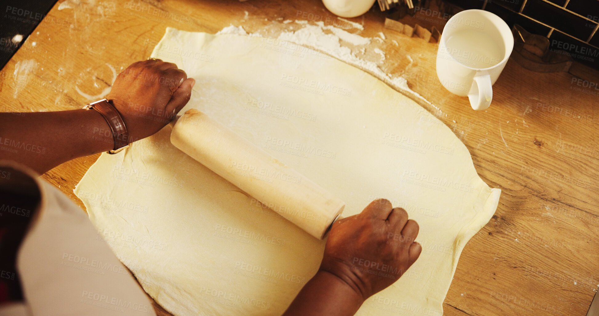 Buy stock photo Baking, pastry and hands with rolling pin in kitchen for cookies, biscuits or dessert preparation. Chef, cooking and closeup of person with dough and utensil for dinner, snack or lunch at home.