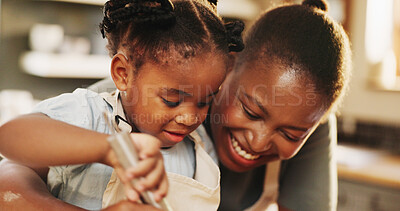 Buy stock photo Education, child and black mother in kitchen for baking, recipe process or happiness at home. Girl, development or face of mom at counter for mixing, growth or fun activity for making cookies or cake