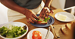 Hands, house and woman with sandwich, kitchen and healthy meal with food, diet plan and ingredients. Bread, apartment and person with nutrition, wellness and lunch with tomatoes, hungry and lettuce