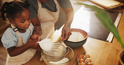 Buy stock photo Education, child and mom with flour for baking, recipe and cake ingredients at home. Little girl, development and mother in kitchen for growth, learning and fun activity for making dough for cookies