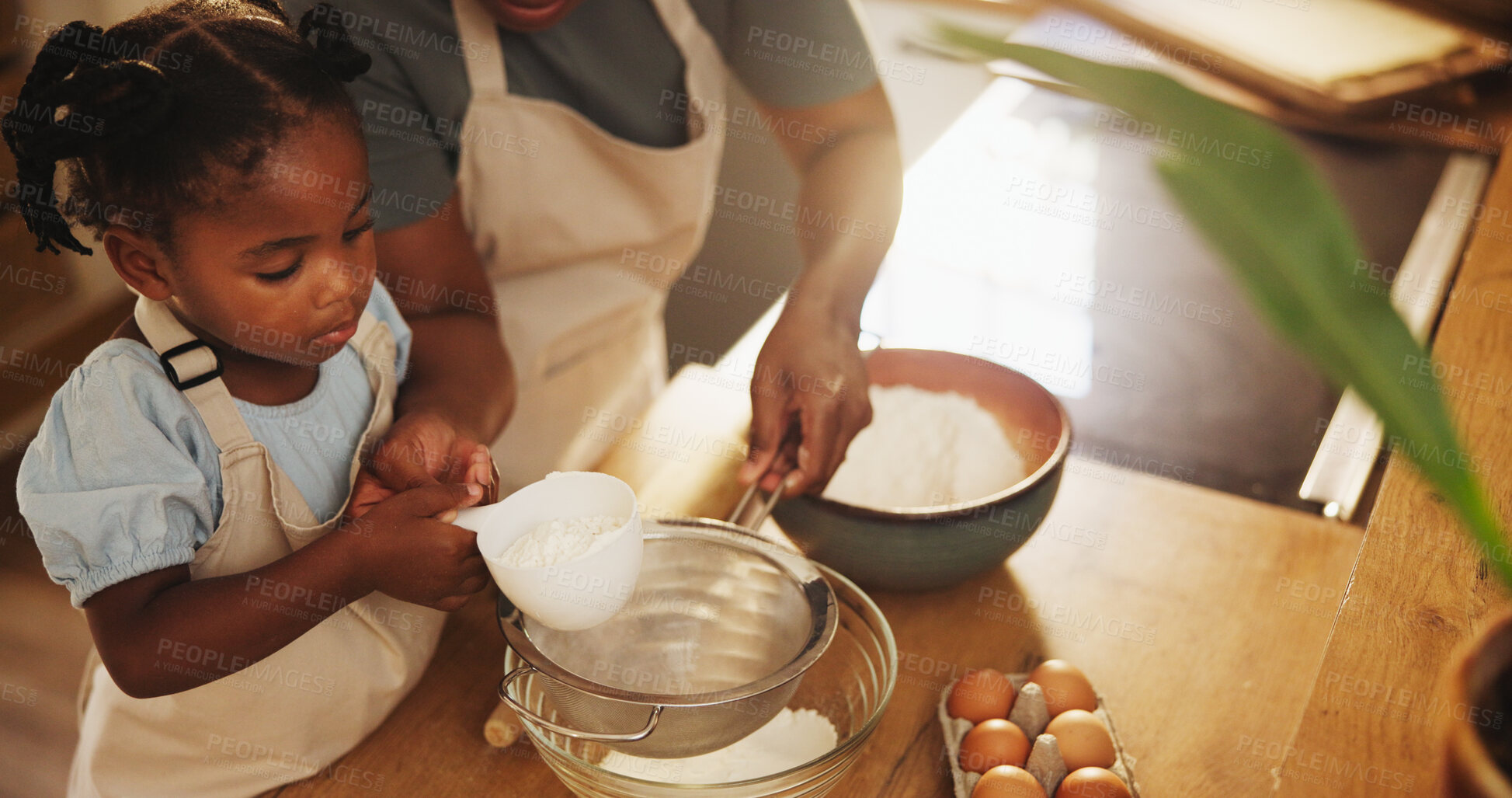 Buy stock photo Education, child and mom with flour for baking, recipe and cake ingredients at home. Little girl, development and mother in kitchen for growth, learning and fun activity for making dough for cookies