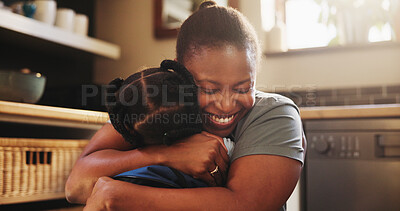 Buy stock photo Mother, child and hug for school, education, morning and support for childhood development. Black woman, daughter and embrace with smile, care and love in kitchen or home for bonding as happy family