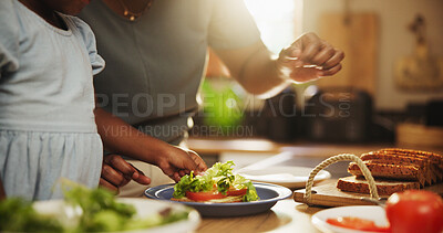 Buy stock photo Family, mother and girl in kitchen, lunch and healthy meal with ingredients, learning and morning. Single parent, closeup or mama with daughter, sandwich and home for food, bonding together or hungry