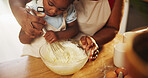 Baking, kitchen and parent with child with bowl for cake, bread and dessert preparation in home. Family, baker and person and girl with ingredients and utensils for recipe, dough and food on counter