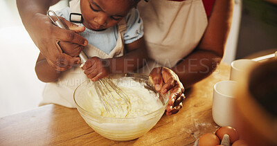 Buy stock photo Baking, kitchen and parent with child with bowl for cake, bread and dessert preparation in home. Family, baker and person and girl with ingredients and utensils for recipe, dough and food on counter