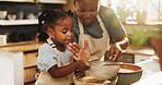 Education, kid and black woman in kitchen for baking, recipe or cake ingredients at home. Little girl, development and mom at counter for growth, learning or fun activity for making dough for cookies