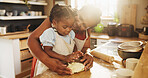 Black woman, kid and teaching with dough, motor skills or nutrition as parents in home for education. Mother, girl and baking for child development, growth and kitchen counter as family in bonding