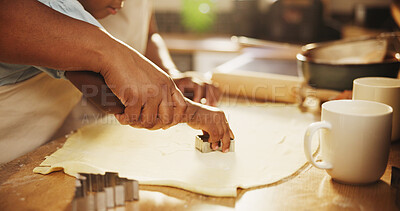 Buy stock photo Baking, mom and hands of girl with dough or cookie cutter in kitchen for support, teaching skills and learning for growth or development. Mother, daughter and closeup in family house for helping.