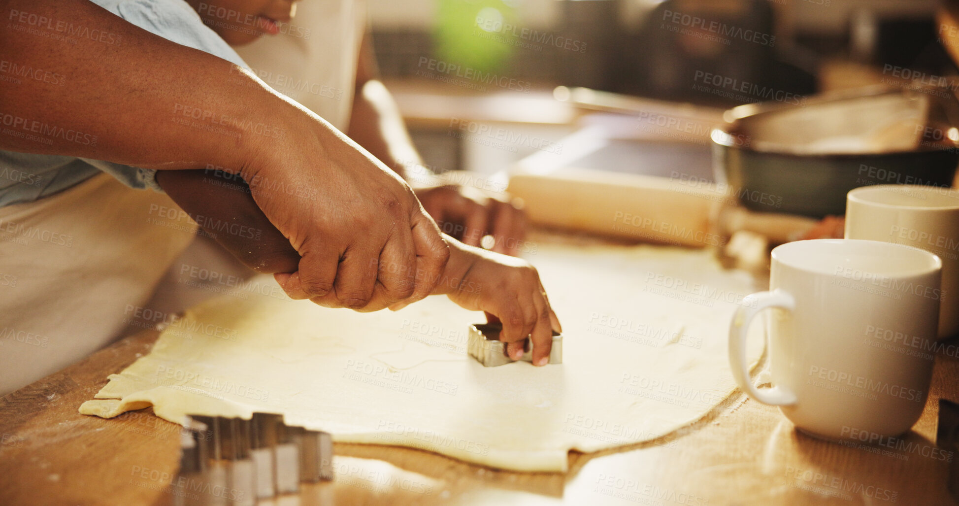 Buy stock photo Baking, mom and hands of girl with dough or cookie cutter in kitchen for support, teaching skills and learning for growth or development. Mother, daughter and closeup in family house for helping.