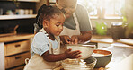 Education, girl and black woman in kitchen for baking, recipe or cake ingredients at home. Child, development and mother at counter for growth, learning or fun activity for making dough for cookies