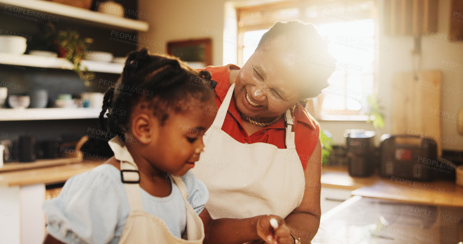 Buy stock photo African woman, kid and teaching with cooking, motor skills or nutrition as parent in home for education. Mother, girl and baking for child development, growth and kitchen counter as family in bonding