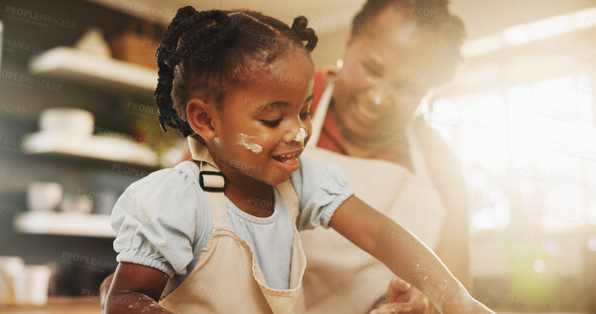 Buy stock photo Grandmother, child and teaching with baking, mess and nutrition for support in home for education. Black woman, girl and cooking for early development, growth and kitchen counter as family in bonding