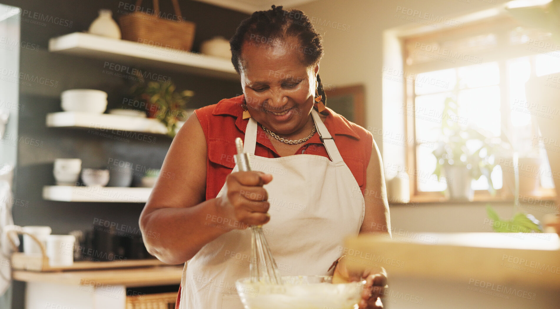 Buy stock photo Baking, smile and black woman with bowl in kitchen for cake, muffins or dessert at home. Happy, mix and mature African female person with utensil for preparing dough or bread recipe at house.