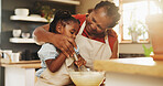 Baking, child and black grandmother in kitchen for support, recipe process and mixing batter at home. Young girl, development or senior woman at counter for trust, growth or encouragement making cake