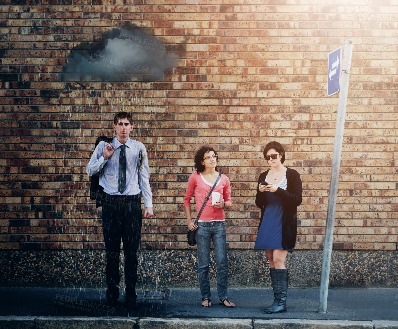 Buy stock photo A black rain cloud over the young man's head standing at the bus stop