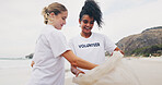 Women, cleaning beach and volunteer with trash bags, world earth day and kindness with care. Environment, seaside and friends with nature, collecting plastic and helping with pollution from ocean