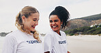 Women, cleaning beach and volunteer with world earth day, pollution from ocean and kindness with care. Environment, seaside and friends with trash bag, collecting plastic and helping with activism