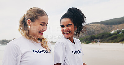 Buy stock photo Women, cleaning beach and volunteer with world earth day, pollution from ocean and kindness with care. Environment, seaside and friends with trash bag, collecting plastic and helping with activism