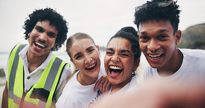 Buy stock photo Portrait, happy people and selfie of volunteer group in nature for community service, recycling and laughing. Face, men and diverse women with charity team for funny picture of friends on earth day