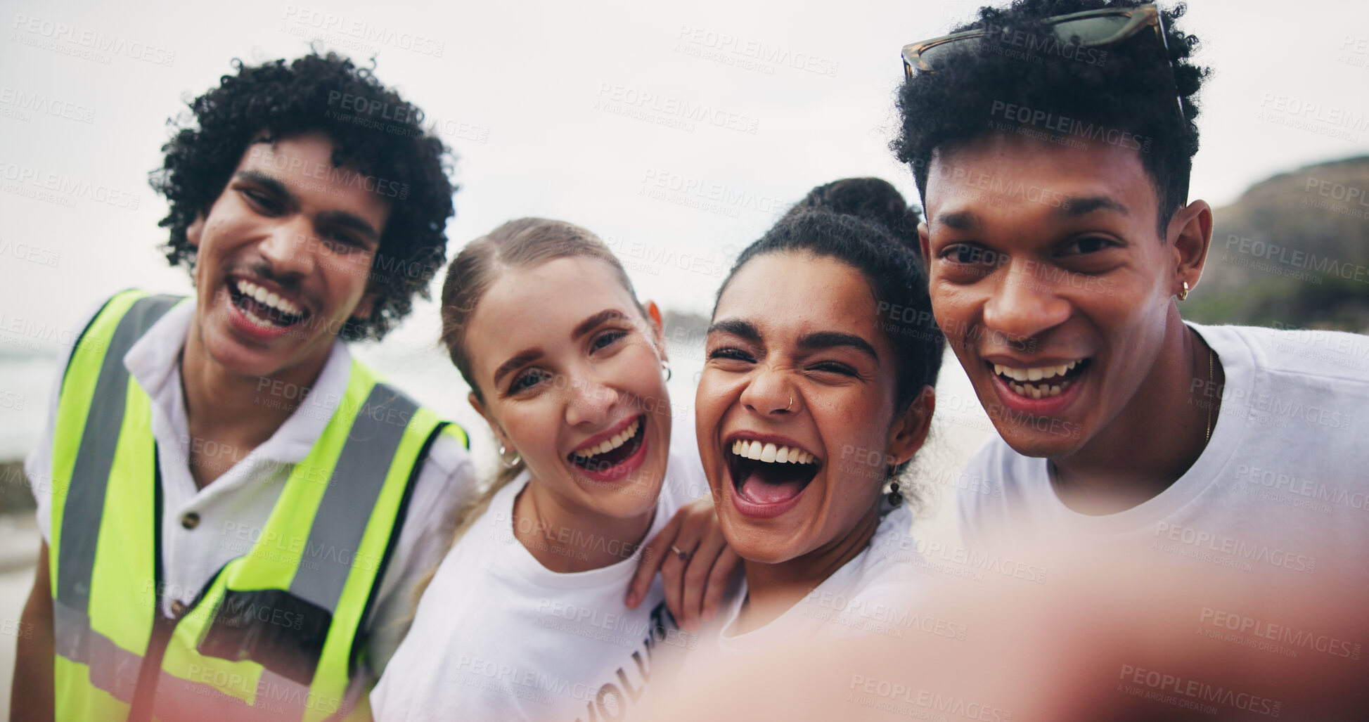 Buy stock photo Portrait, happy people and selfie of volunteer group in nature for community service, recycling and laughing. Face, men and diverse women with charity team for funny picture of friends on earth day