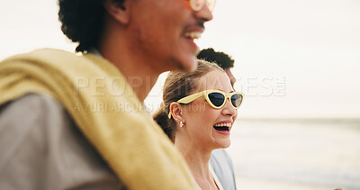 Buy stock photo Friendship, woman and smile on beach for walk, diversity and enjoy summer vacation. People, bonding and happy in nature for support, travel and fun at ocean in Florida for holiday and solidarity