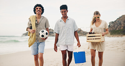 Buy stock photo Friends, happy and walking on beach for picnic with basket, beer and fun on travel vacation in summer. Men, girl and together by ocean with alcohol for drinking, conversation and bonding on holiday.