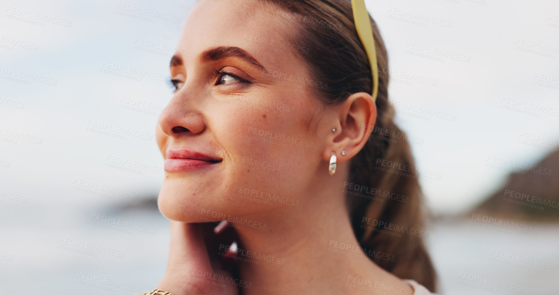 Buy stock photo Happy woman, thinking and beach with vision for freedom, holiday or outdoor weekend in nature. Face of young female person with smile in wonder or thought for vacation or sightseeing by ocean coast