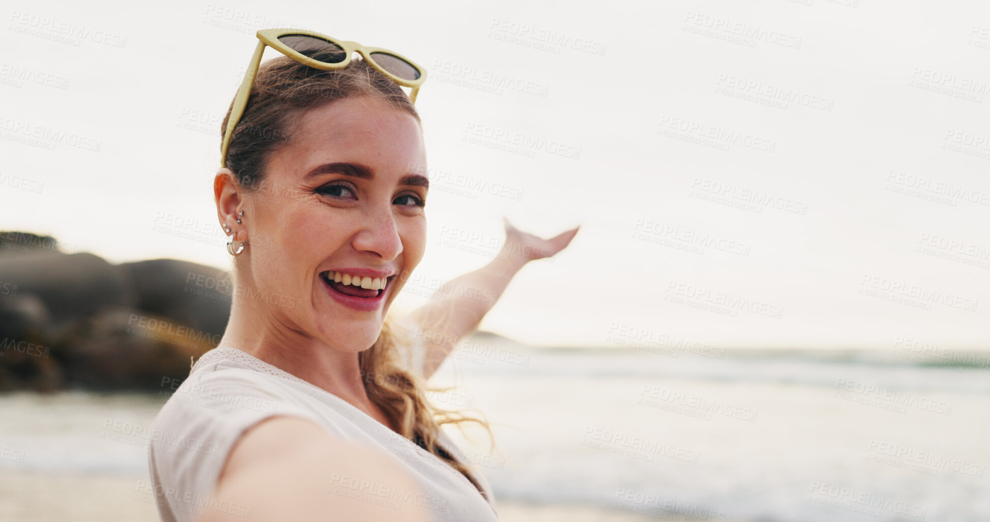 Buy stock photo Happy woman, portrait and beach with selfie for vlog, photography or memory on vacation in nature. Face of young female person or tourist with smile for picture, moment or sightseeing by ocean coast