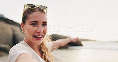 Buy stock photo Happy woman, portrait and beach with selfie for photography, vlog or memory on vacation in nature. Face of young female person or tourist with smile for picture, moment or sightseeing by ocean coast