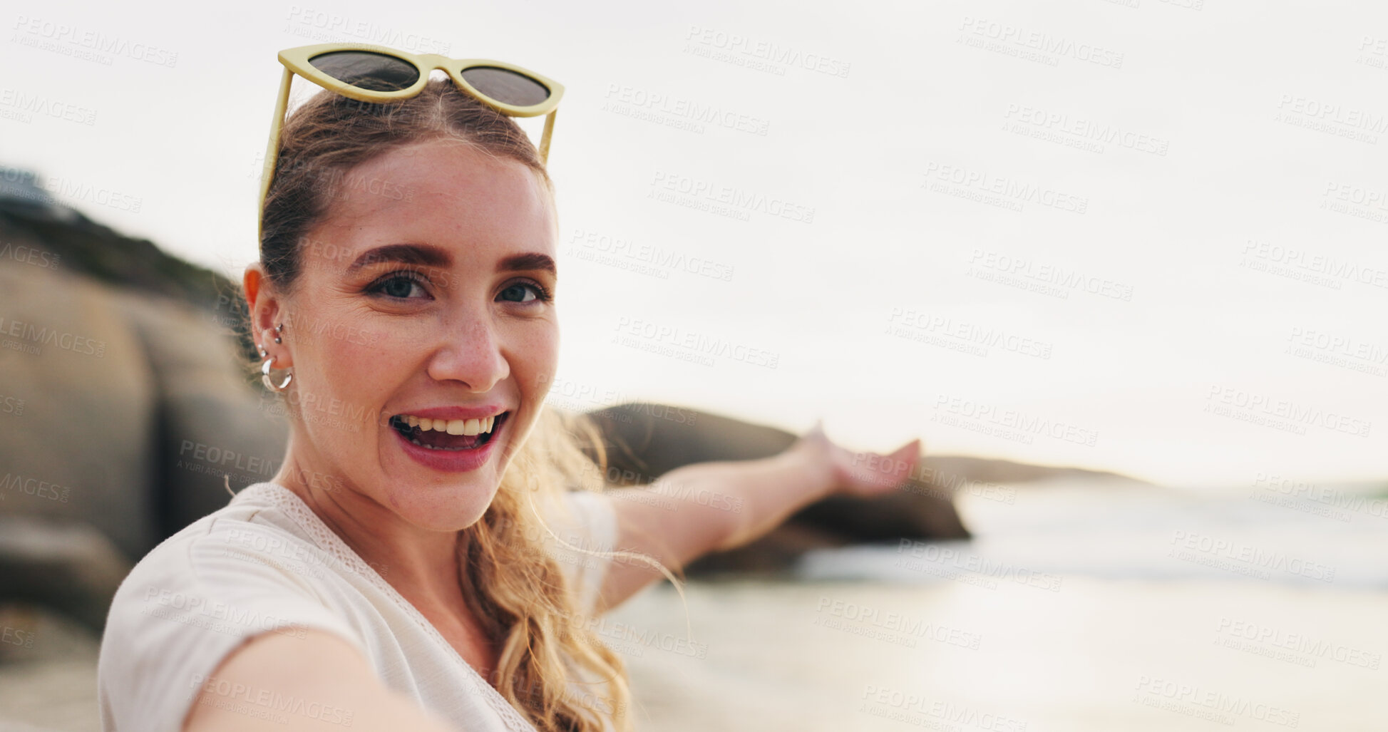 Buy stock photo Happy woman, portrait and beach with selfie for photography, vlog or memory on vacation in nature. Face of young female person or tourist with smile for picture, moment or sightseeing by ocean coast