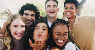 Buy stock photo Group, portrait and friends for selfie in park on school break, bonding and social media post in nature. Happy, people or students in photograph with profile picture update, reunion memory and smile