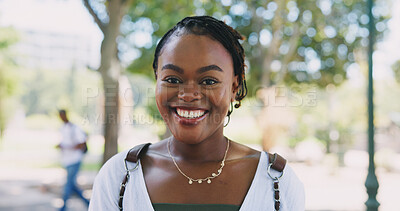 Buy stock photo Happy, black girl and student with portrait on campus of university for study of degree in business administration. Education, scholarship or female learner with smile for skill development or growth