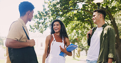 Buy stock photo Students, campus and friends laughing in park for break, funny conversation and study talk. Joke, learning and happy people with backpack, smile or discussion in college for school education together