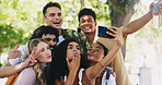 Group, diversity and friends to selfie in nature on school break, bonding and social media post in park. Happy, people or students in photograph with profile picture update, reunion memory and smile