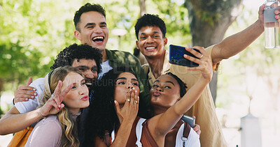 Buy stock photo Group, diversity and friends to selfie in nature on school break, bonding and social media post in park. Happy, people or students in photograph with profile picture update, reunion memory and smile