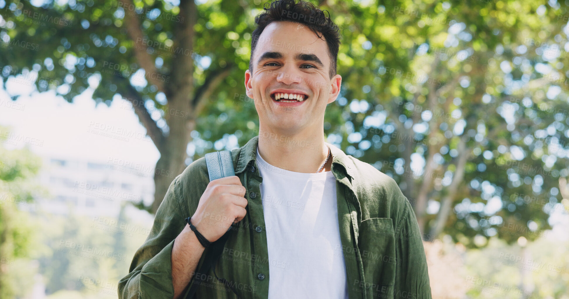 Buy stock photo Smile, man and student with portrait on campus of university for study of degree in business administration. Education, scholarship and male learner with confidence for skill development or growth.