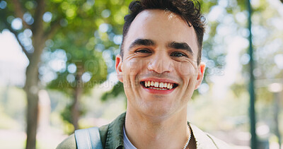 Buy stock photo Portrait, happy man or college student in park on campus in university for opportunity or studying. Face, break or confident male person in nature with pride for school, education and scholarship