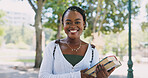 Portrait, black woman or student with textbooks in park in university for future or study in college. Face, break or confident African girl in nature with pride for school, education or scholarship