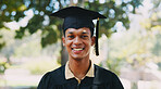 Portrait, happy man or college graduate in park on campus in university for studying achievement. Face, degree goal or person in graduation in nature with pride for school, education and scholarship