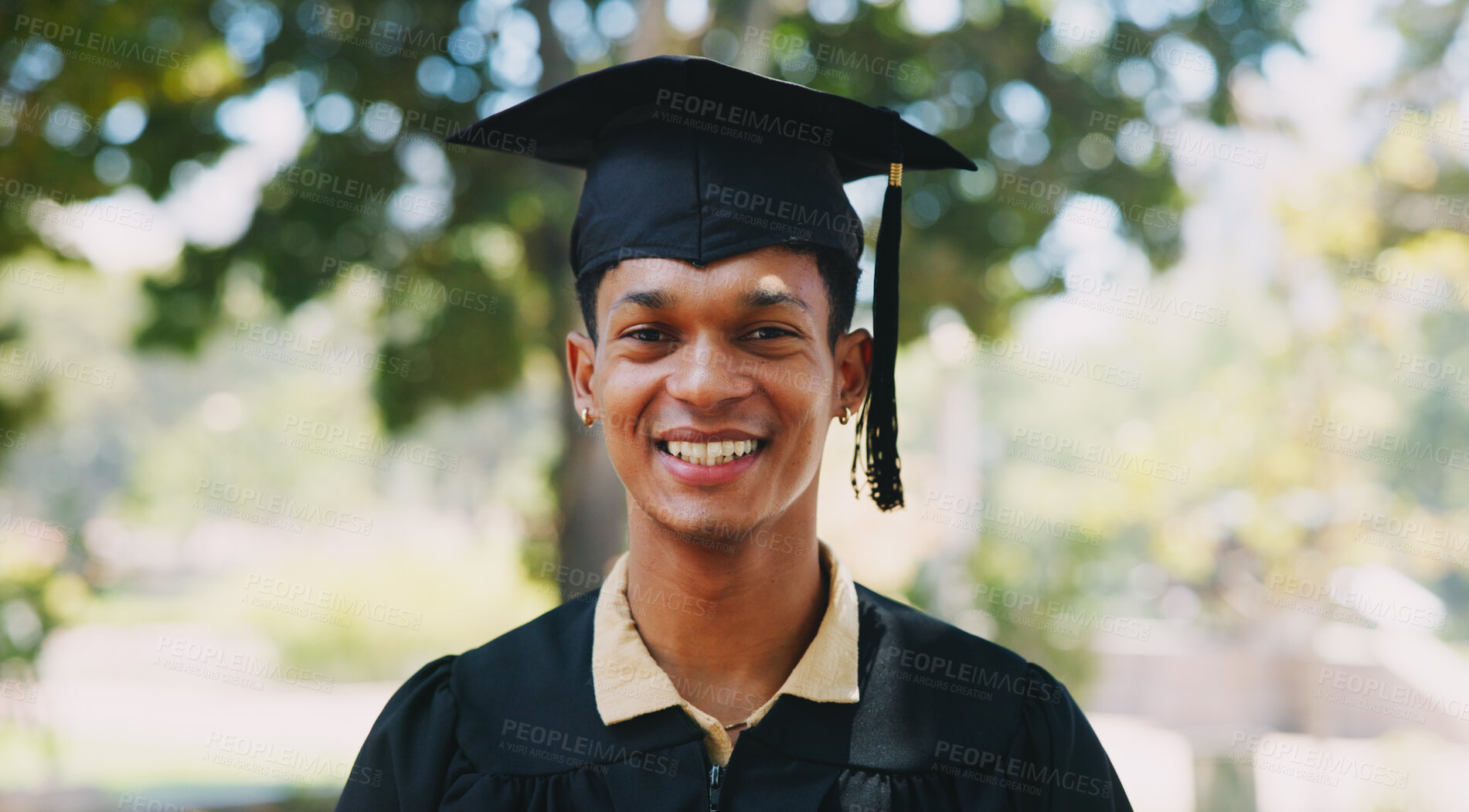 Buy stock photo Portrait, happy man or college graduate in park on campus in university for studying achievement. Face, degree goal or person in graduation in nature with pride for school, education and scholarship