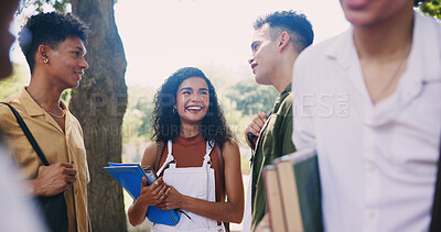 Buy stock photo Students, campus and friends talking in park for break, funny conversation and study chat. Joke, learning and happy people with backpack, smile or discussion in college for school education together