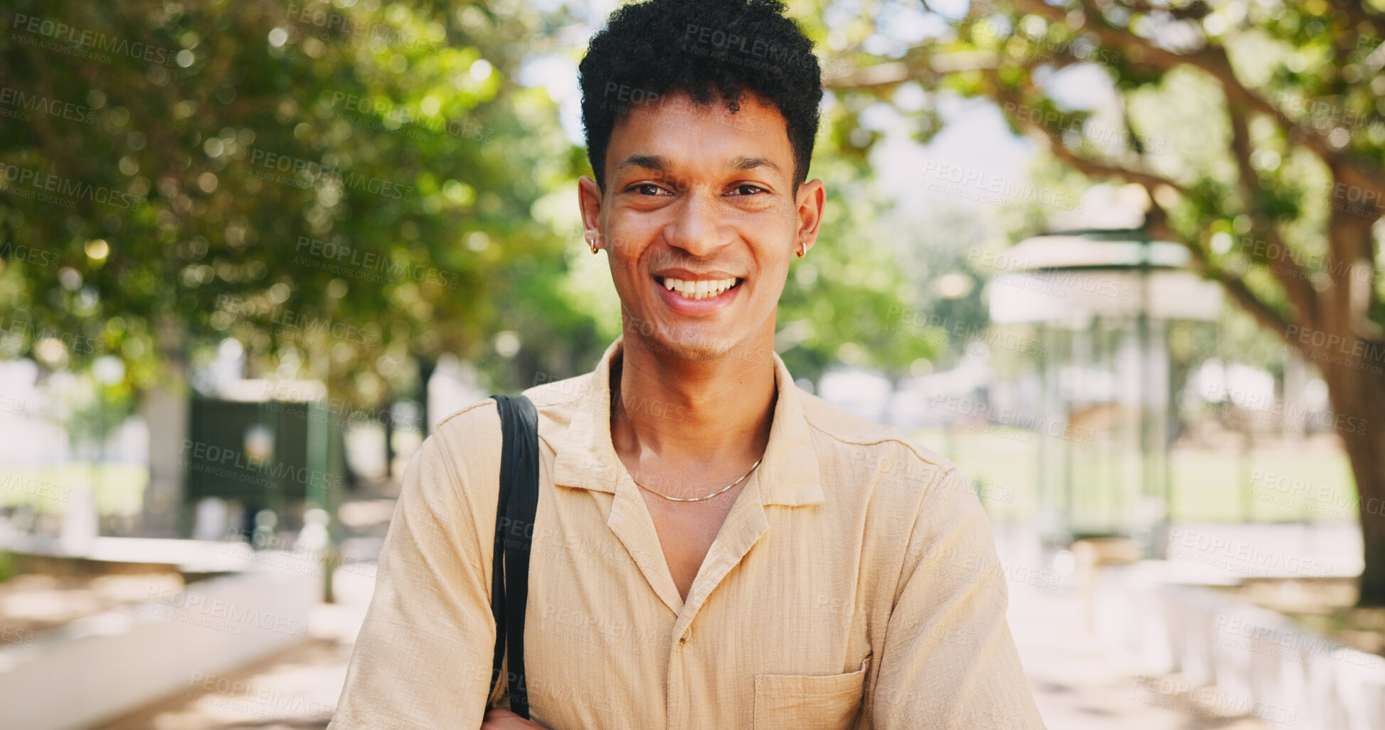 Buy stock photo Happy, man and student with portrait outdoor of university campus for study of degree in business administration. Education, scholarship and male learner with smile for skill development or growth.