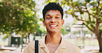 Smile, man and student with portrait outdoor of university campus for study of degree in business administration. Education, scholarship and male learner with pride for skill development or growth