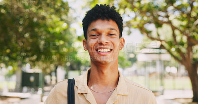 Buy stock photo Smile, man and student with portrait outdoor of university campus for study of degree in business administration. Education, scholarship and male learner with pride for skill development or growth